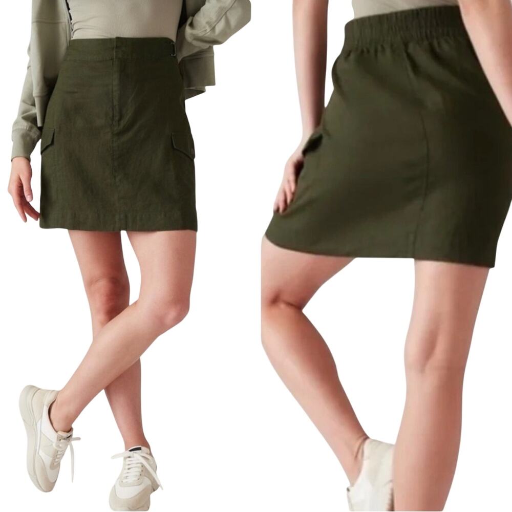 Athleta Voyager 100% Linen Cargo Pocket Green Mini Skirt Size 8